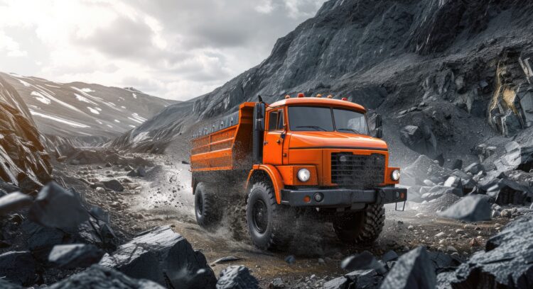 an orange truck is driving around on rocks, in the style of industrial and product design, dark amber and gray, rich and immersive, precision engineering, kimoicore, артур скижали-вейс, strong facial expression --ar 112:61 --v 6 Job ID: 17100c24-96a5-49e1-9dd1-1646e2712446