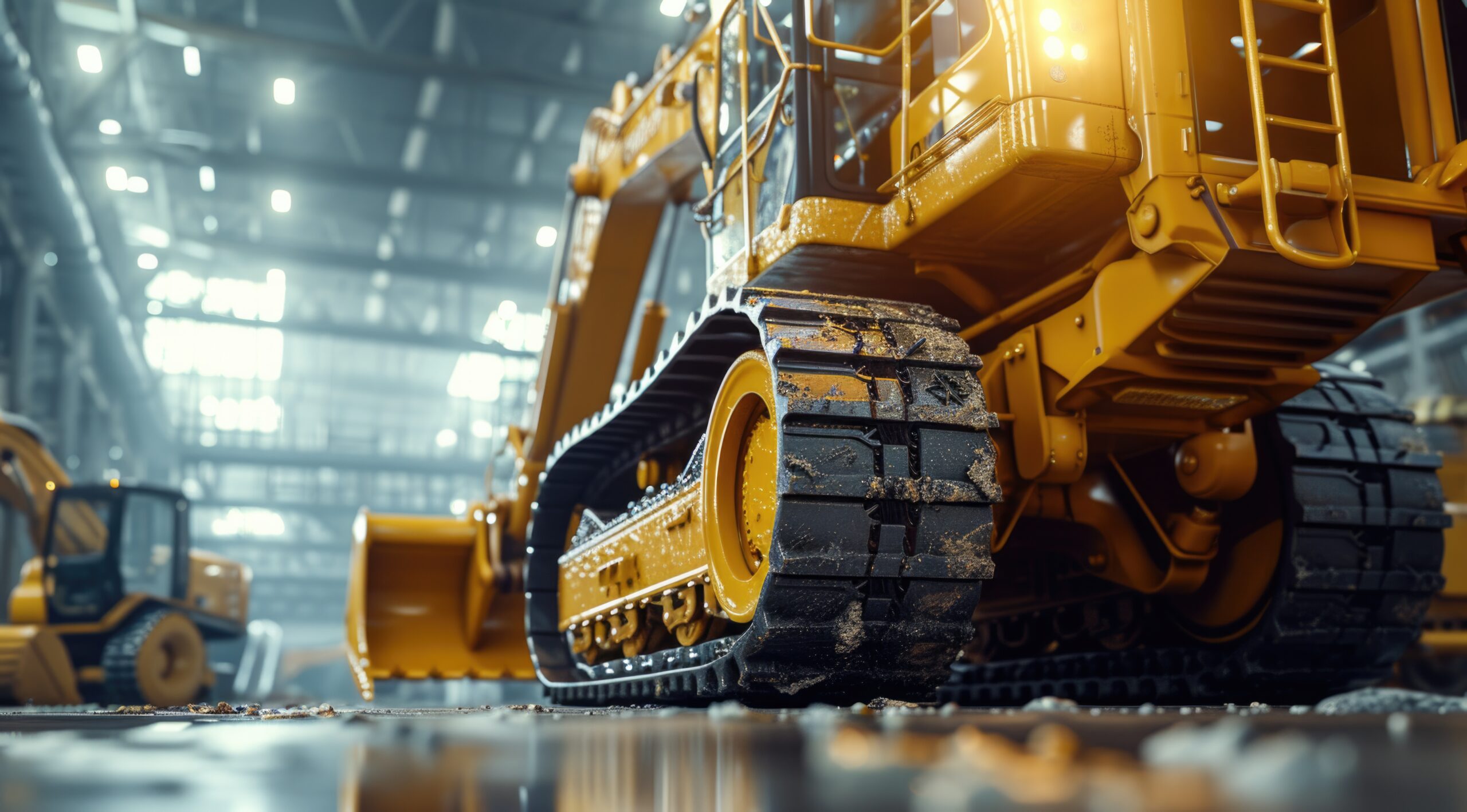 a yellow excavator sitting on its wheels in a factory, in the style of photorealistic detail, macro zoom, framing, backlight, high detailed, precision in details, multi-layered --ar 128:71 --v 6 Job ID: 8441f8c6-758b-408a-94da-320af39e9c51