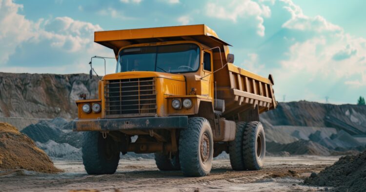 a dump truck standing in a dirt lot, in the style of machine-like precision, light amber and emerald, clear edge definition --ar 100:53 --v 6 Job ID: ec9982b7-3290-4ef1-9c10-8ffe09f3e0ff